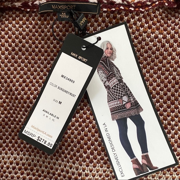 COPY - NWT Max Sport Aztec Burgundy Fringe Boho Cardigan - Picture 4 of 5